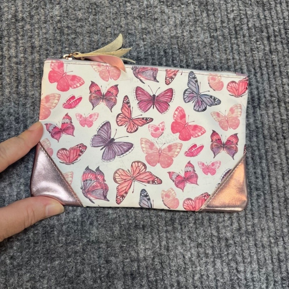 Ipsy Butterfly Print Makeup Bag Pink Rose Gold Metallic Tassel Zipper Pouch